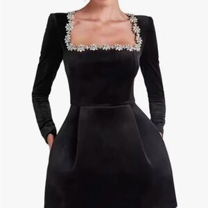 Black Velvet Dress with Floral Embellishments